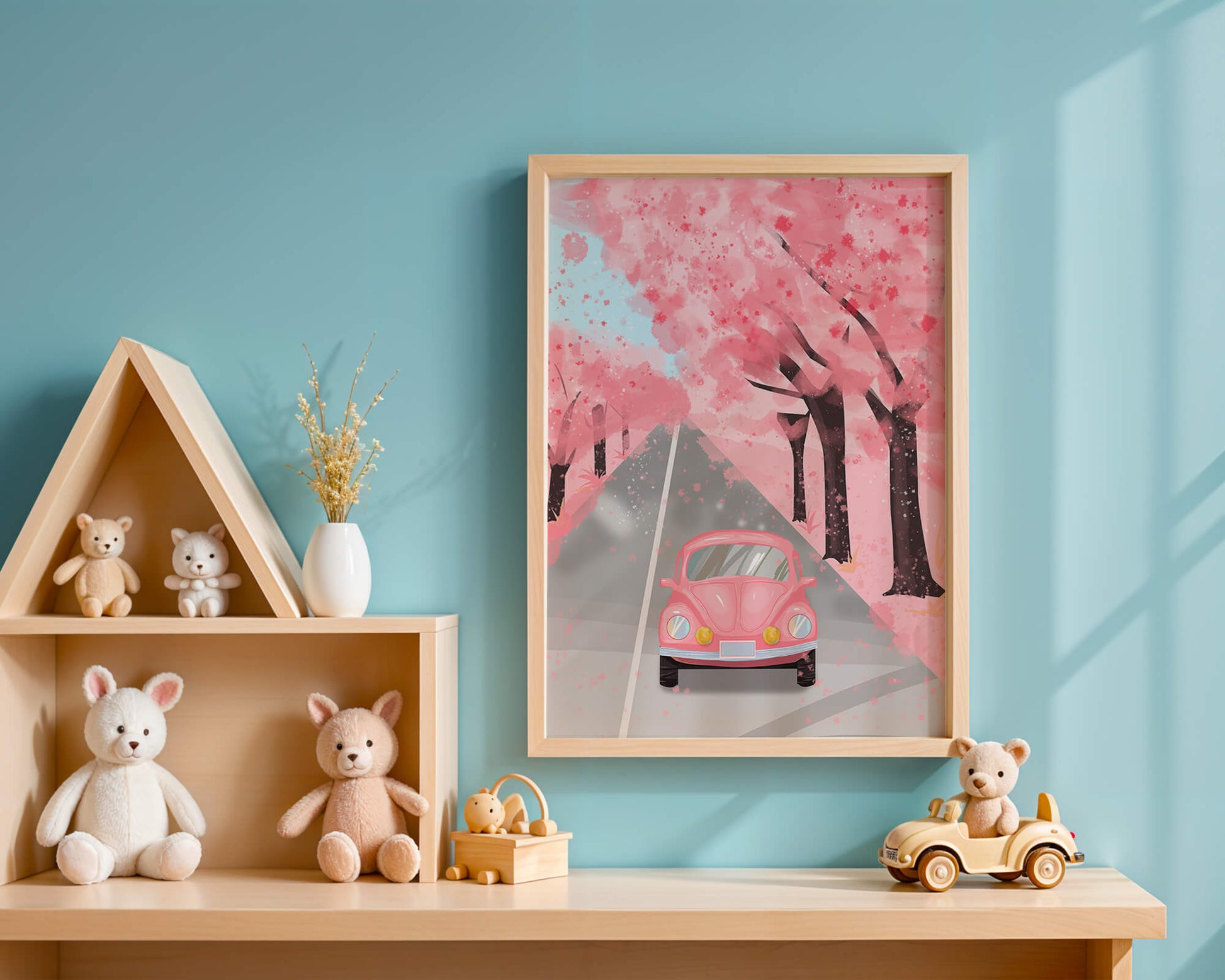 Pink vintage car on a cherry blossom road