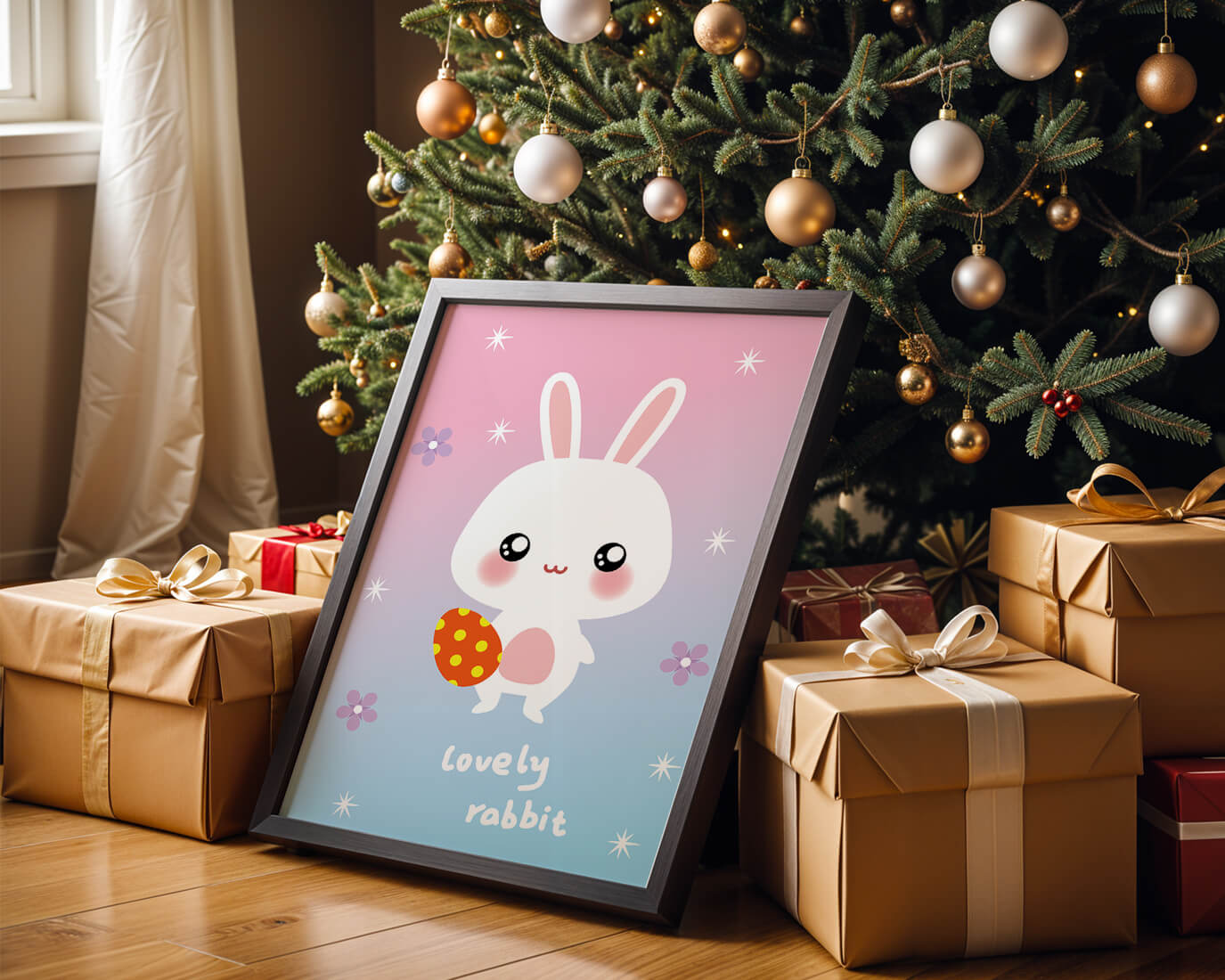 Adorable rabbit illustration with a colorful egg on a pastel background