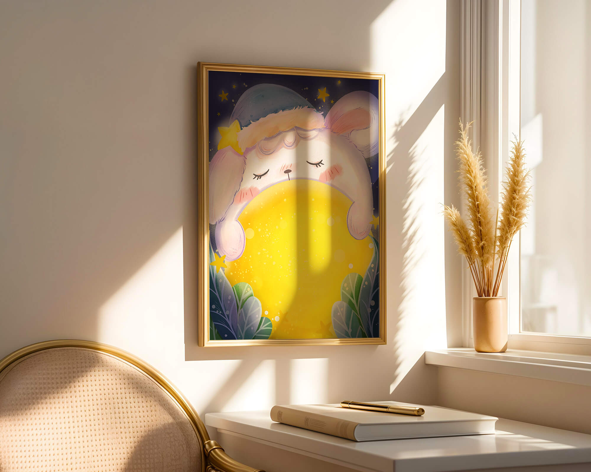 Sleepy rabbit with starry hat holding a glowing ball in a dreamy night scene