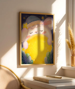 Sleepy rabbit with starry hat holding a glowing ball in a dreamy night scene