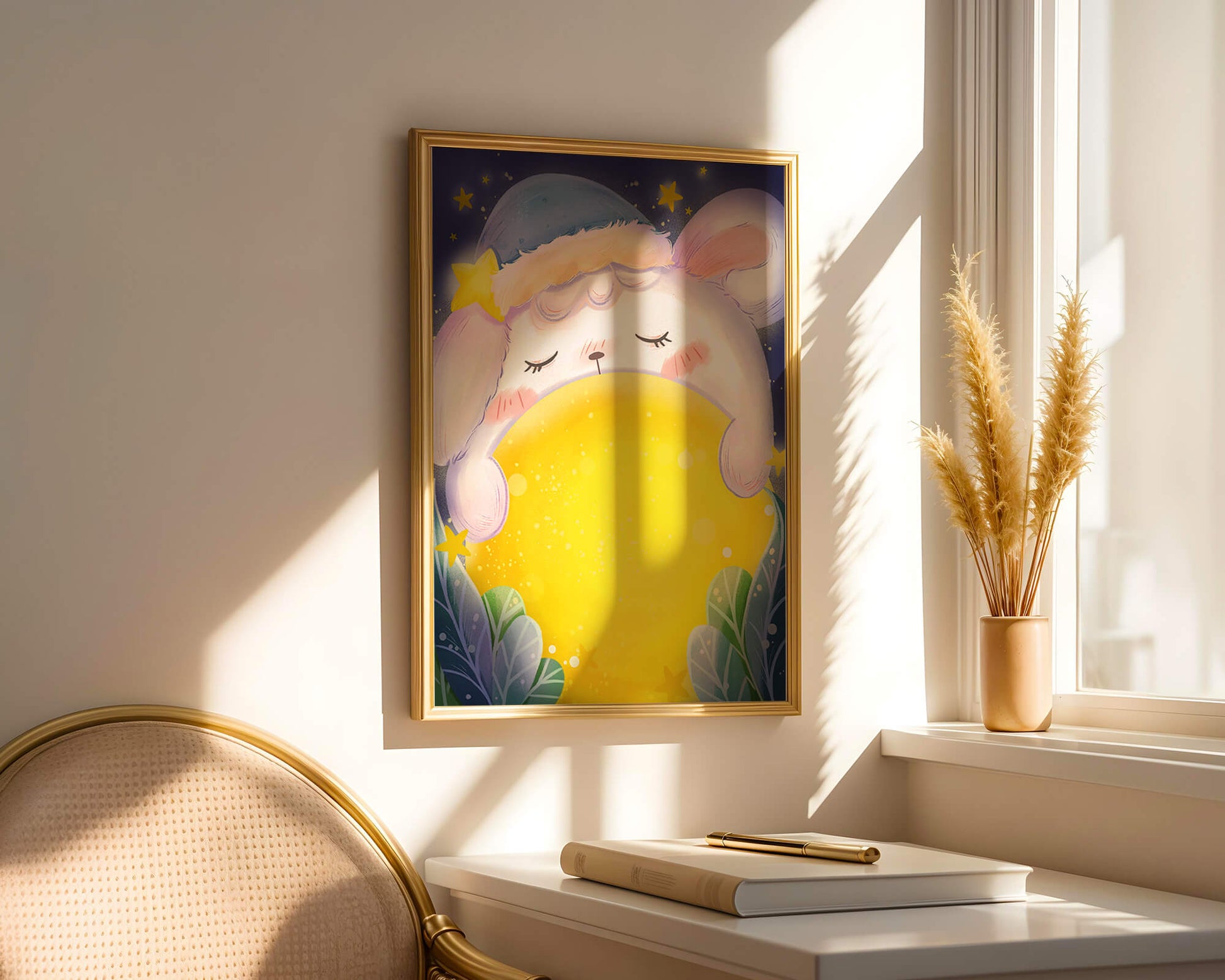 Sleepy rabbit with starry hat holding a glowing ball in a dreamy night scene