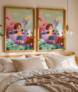 Charming Landscape with Girl Holding Balloons and White Bunny in Enchanted Forest