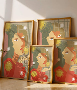 Abstract portrait artwork with geometric forms and gold accents