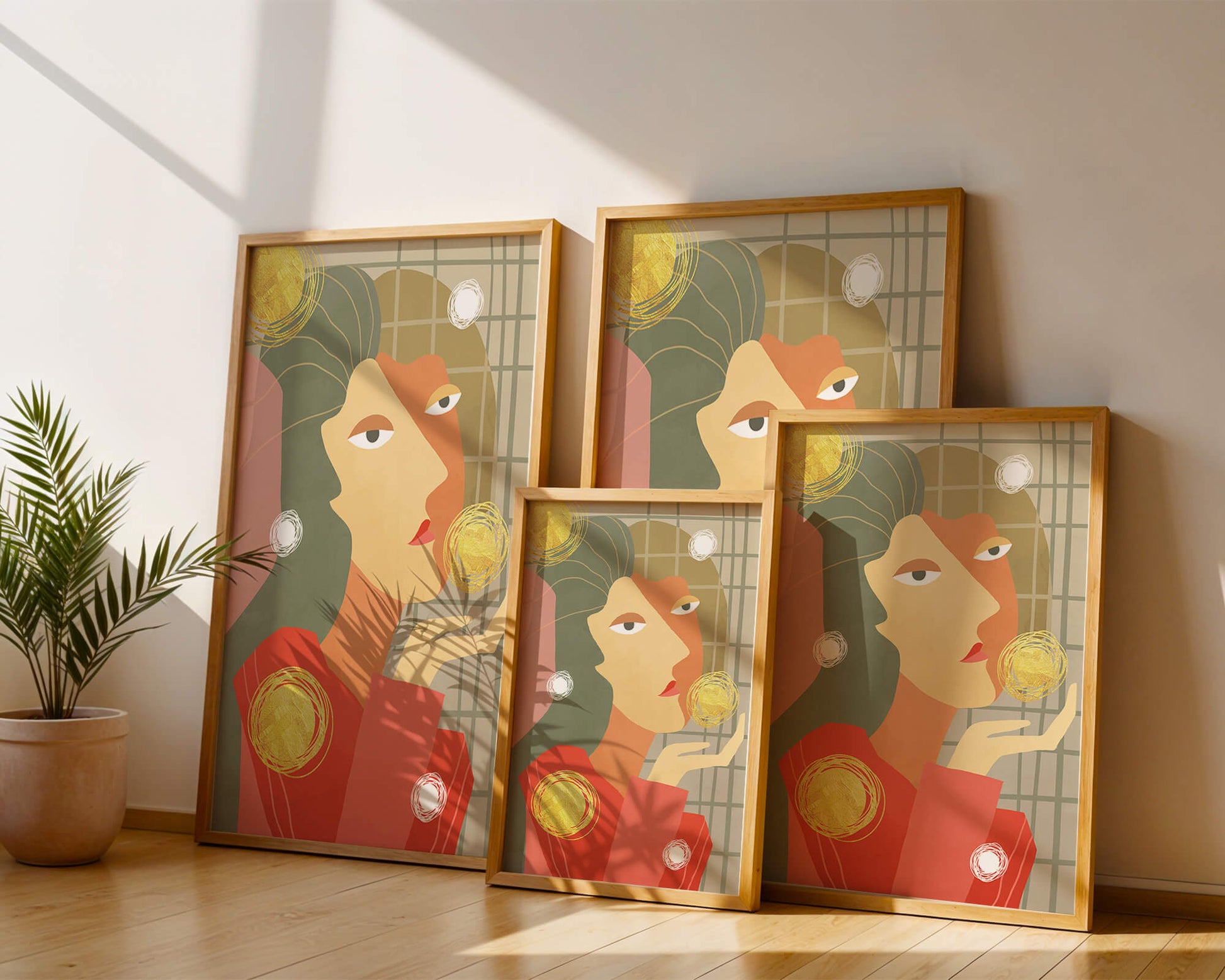 Abstract portrait artwork with geometric forms and gold accents