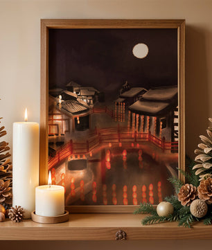 Traditional Japanese village at night with lanterns and full moon