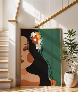 Elegante Illustration einer Frau mit floralem Haarteil