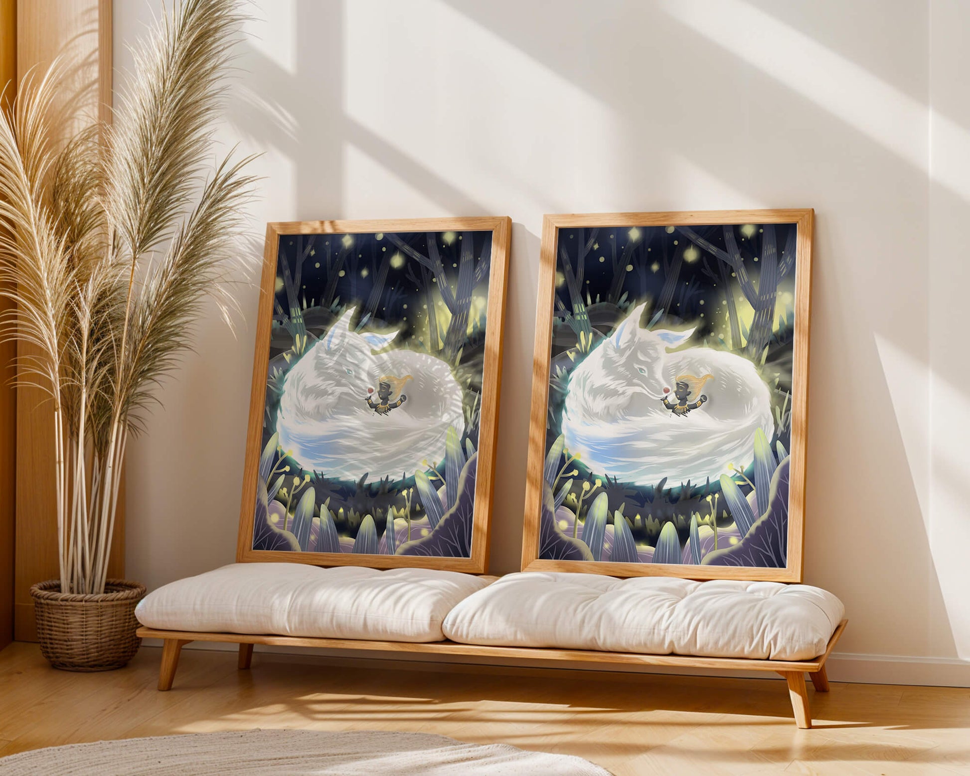 Whimsical forest scene with a sleeping wolf and a mysterious figure at night