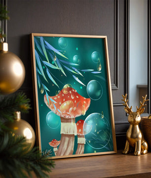 Whimsical forest scene with mushrooms and glowing bubbles