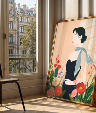 Elegant Woman with Floral Background and Scarf