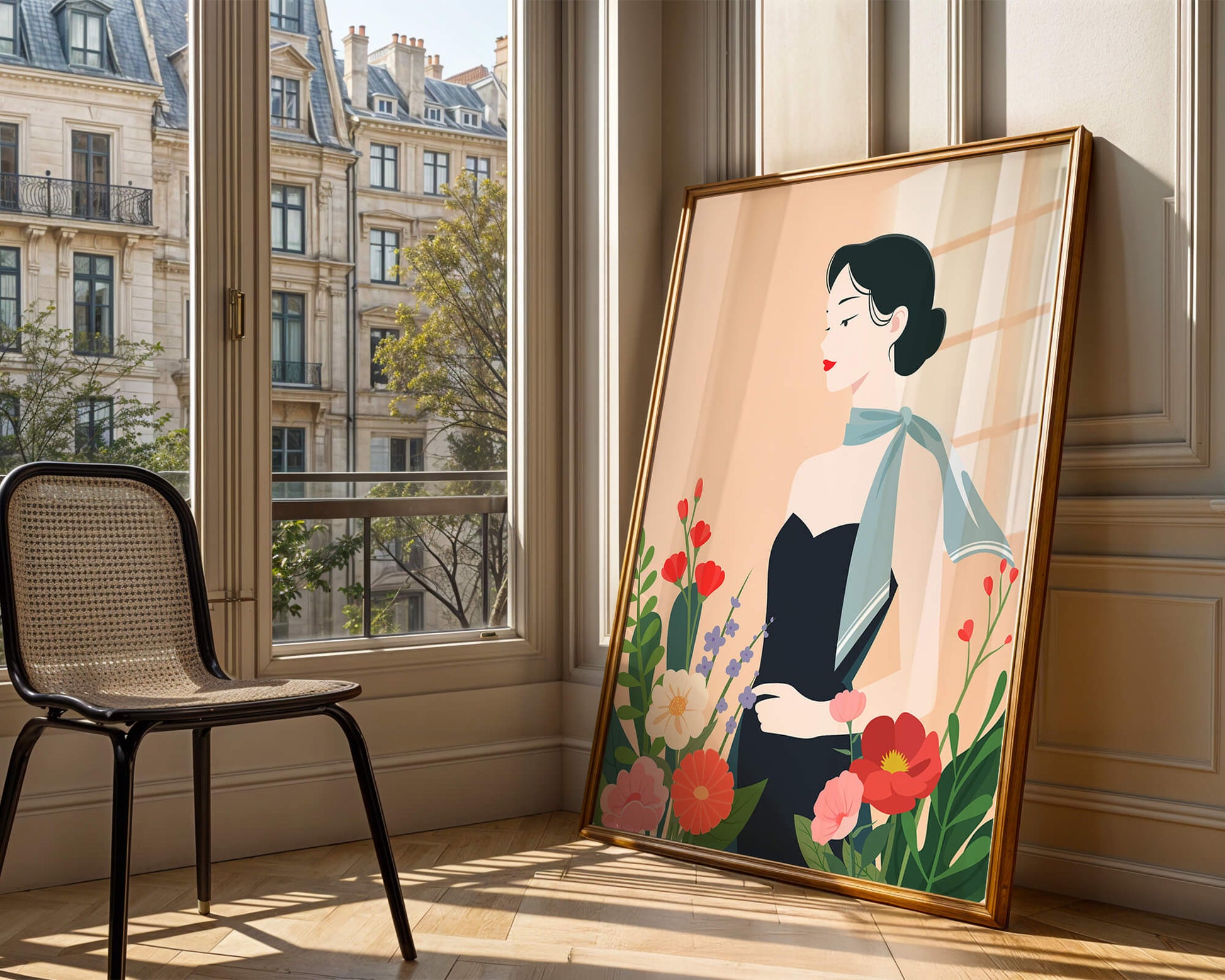 Mujer elegante con fondo floral y bufanda