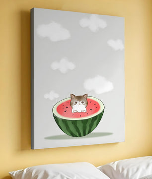 Whimsical art of a kitten in watermelon with clouds