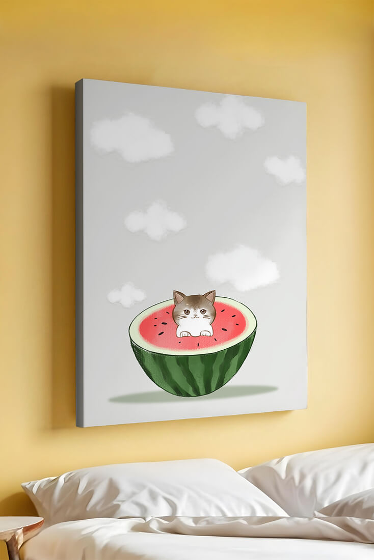 Whimsical art of a kitten in watermelon with clouds