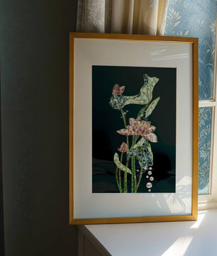 Floral Lotus Design with Gold Accents and Dew Drops