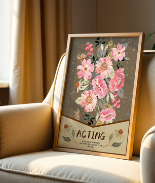 Ilustración acuarela floral con texto motivacional sobre un fondo marrón punteado