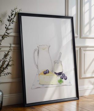 Illustration of dairy products with blueberries on polka dot cloth