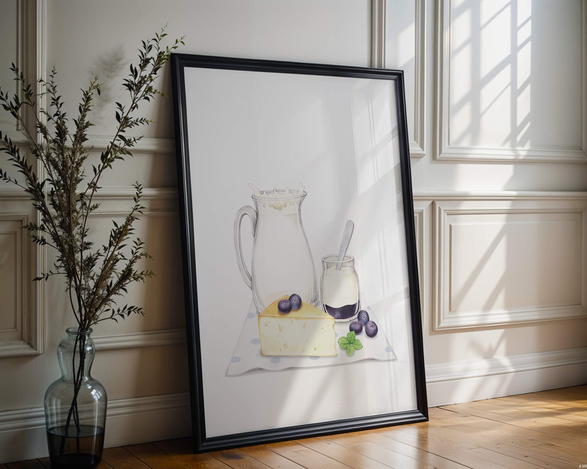 Ilustración de productos lácteos con arándanos sobre tela de lunares.