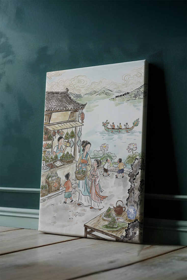Traditional Chinese Market Scene with Dragon Boat on River