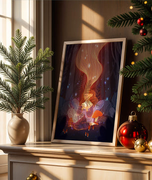 Magical forest scene with lantern and glowing hair