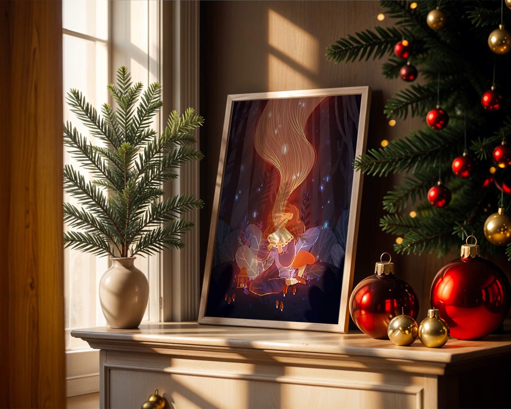 Magical forest scene with lantern and glowing hair