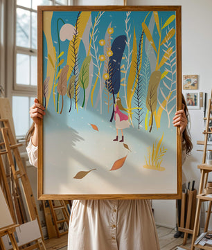 Whimsical scene with girl in colorful abstract forest