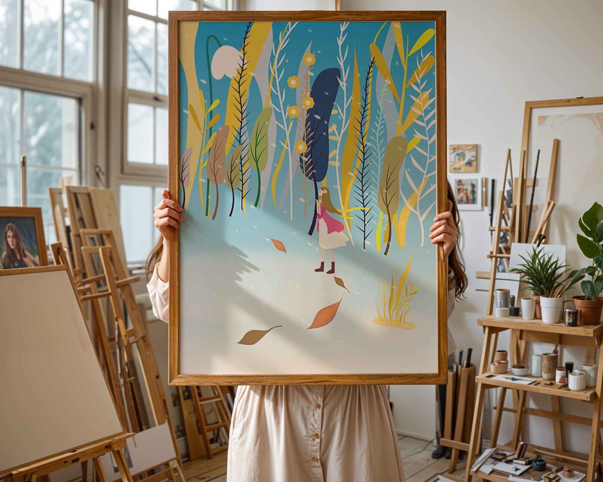 Whimsical scene with girl in colorful abstract forest