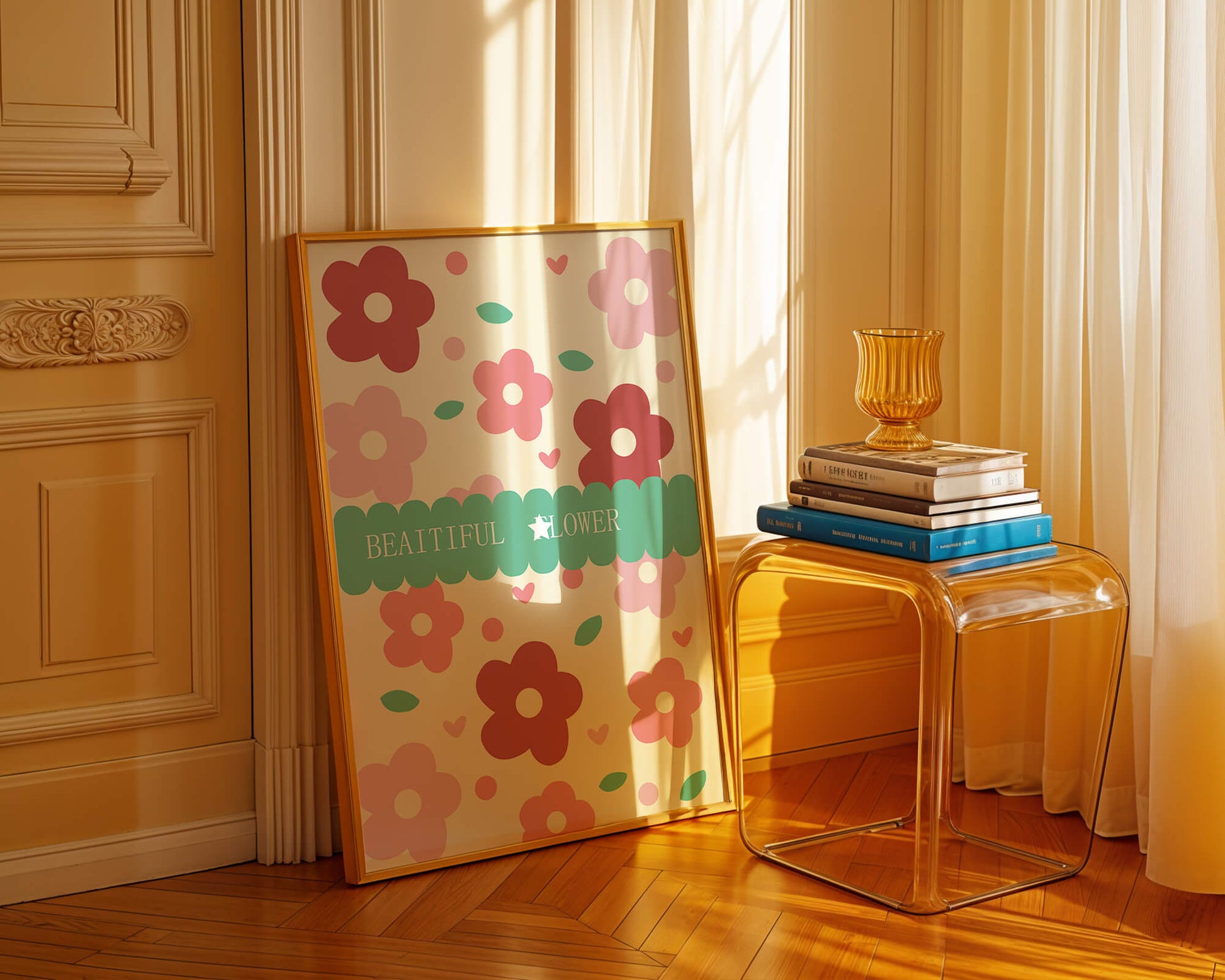Floral pattern with retro color design and decorative text
