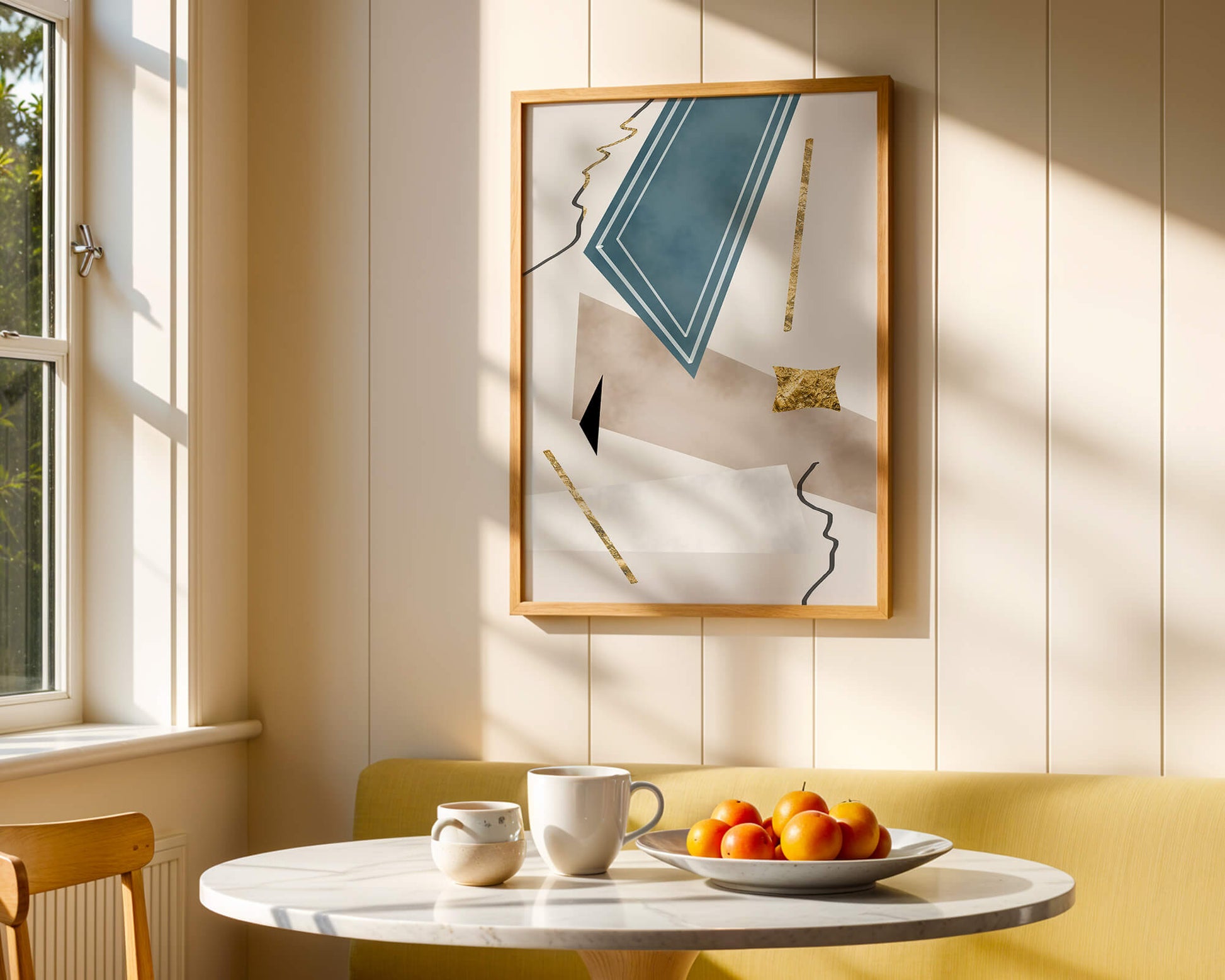 Abstract geometric artwork with gold accents and dynamic shapes