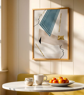 Abstract geometric artwork with gold accents and dynamic shapes