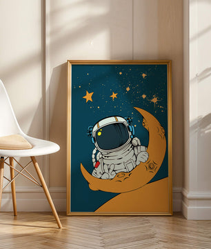 Charming Astronaut Sitting on a Crescent Moon with Stars in Space - Mi tienda