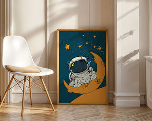 Charming Astronaut Sitting on a Crescent Moon with Stars in Space - Mi tienda