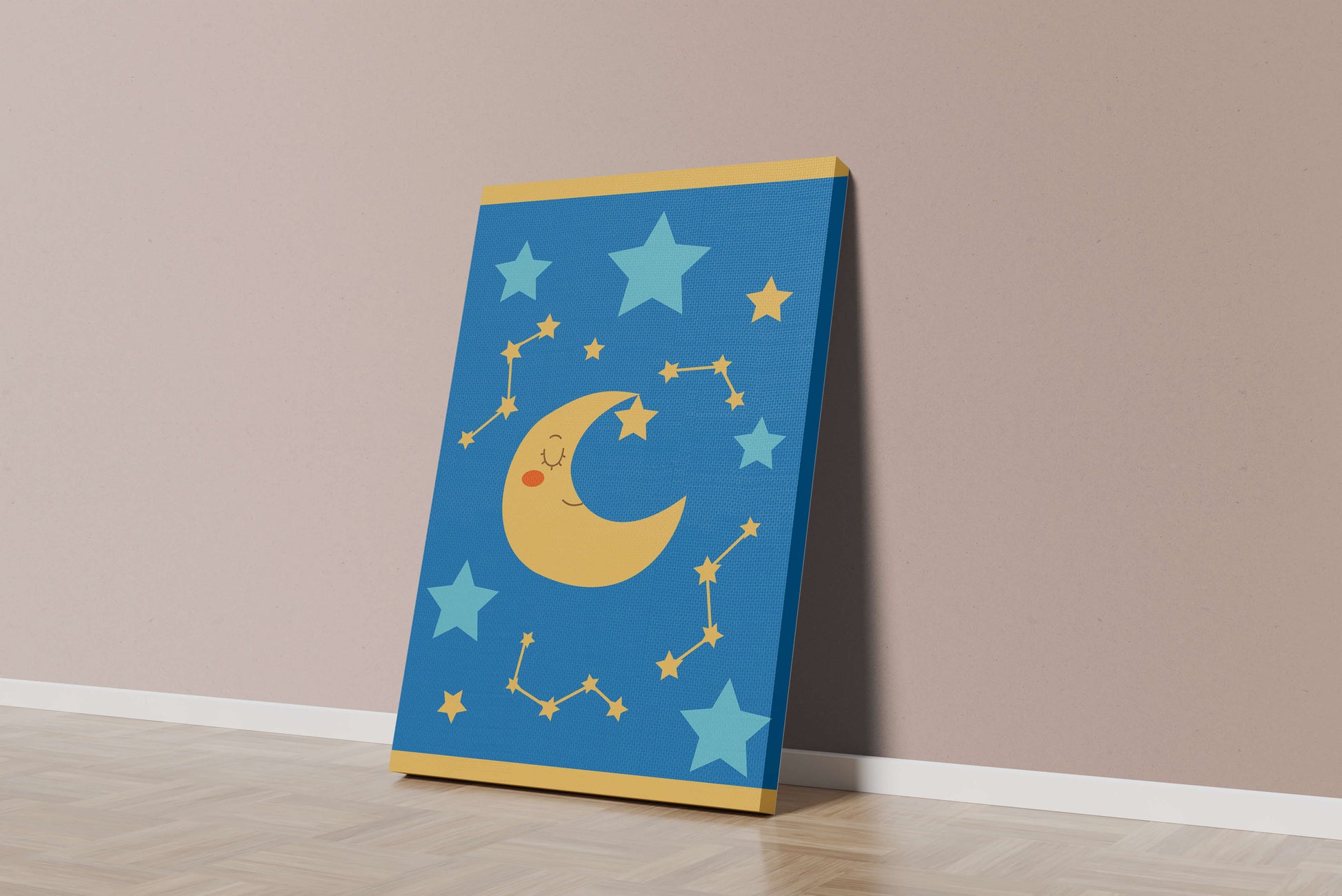 Whimsical children's room decor with smiling moon and stars