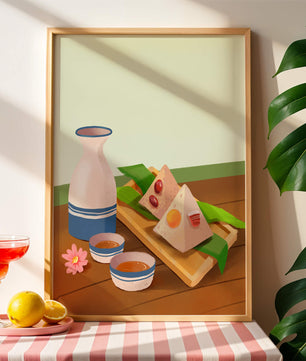 Traditional Asian rice dumplings with tea set on bamboo tray