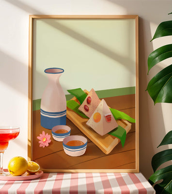 Traditional Asian rice dumplings with tea set on bamboo tray