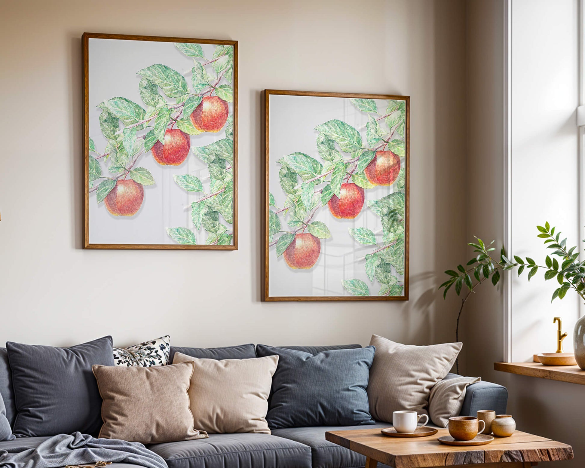 Illustration of Apples on a Tree Branch with Green Leaves