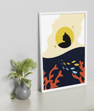 Ruhiges abstraktes Design mit Katzensilhouette und lebendiger Unterwasserszene