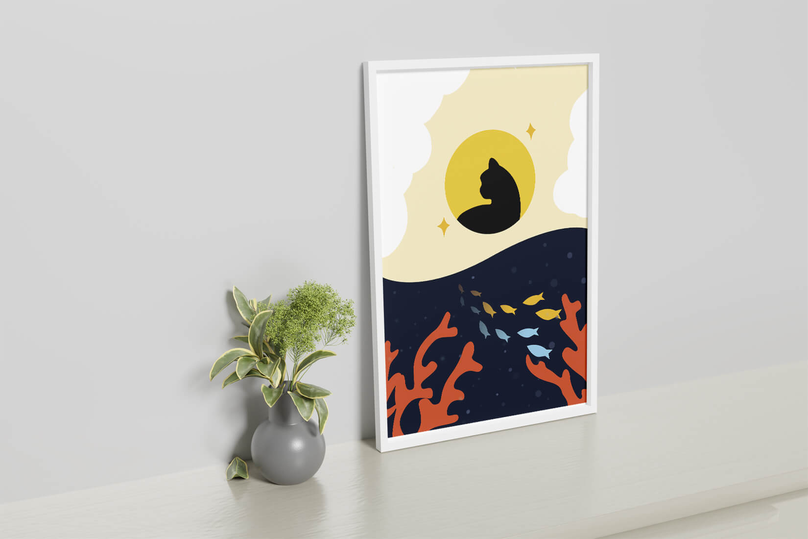 Ruhiges abstraktes Design mit Katzensilhouette und lebendiger Unterwasserszene