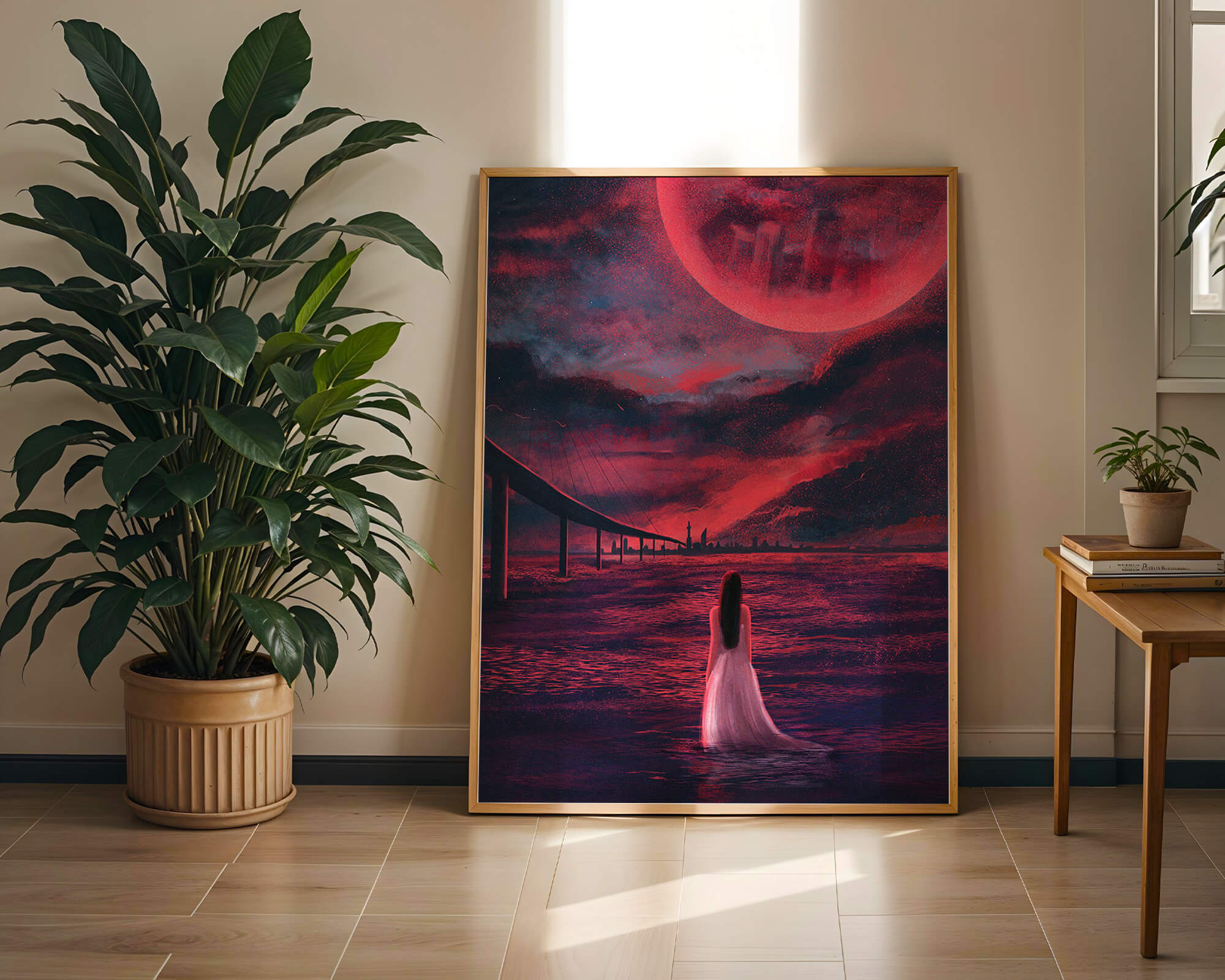 Dreamlike landscape with bridge and red night sky