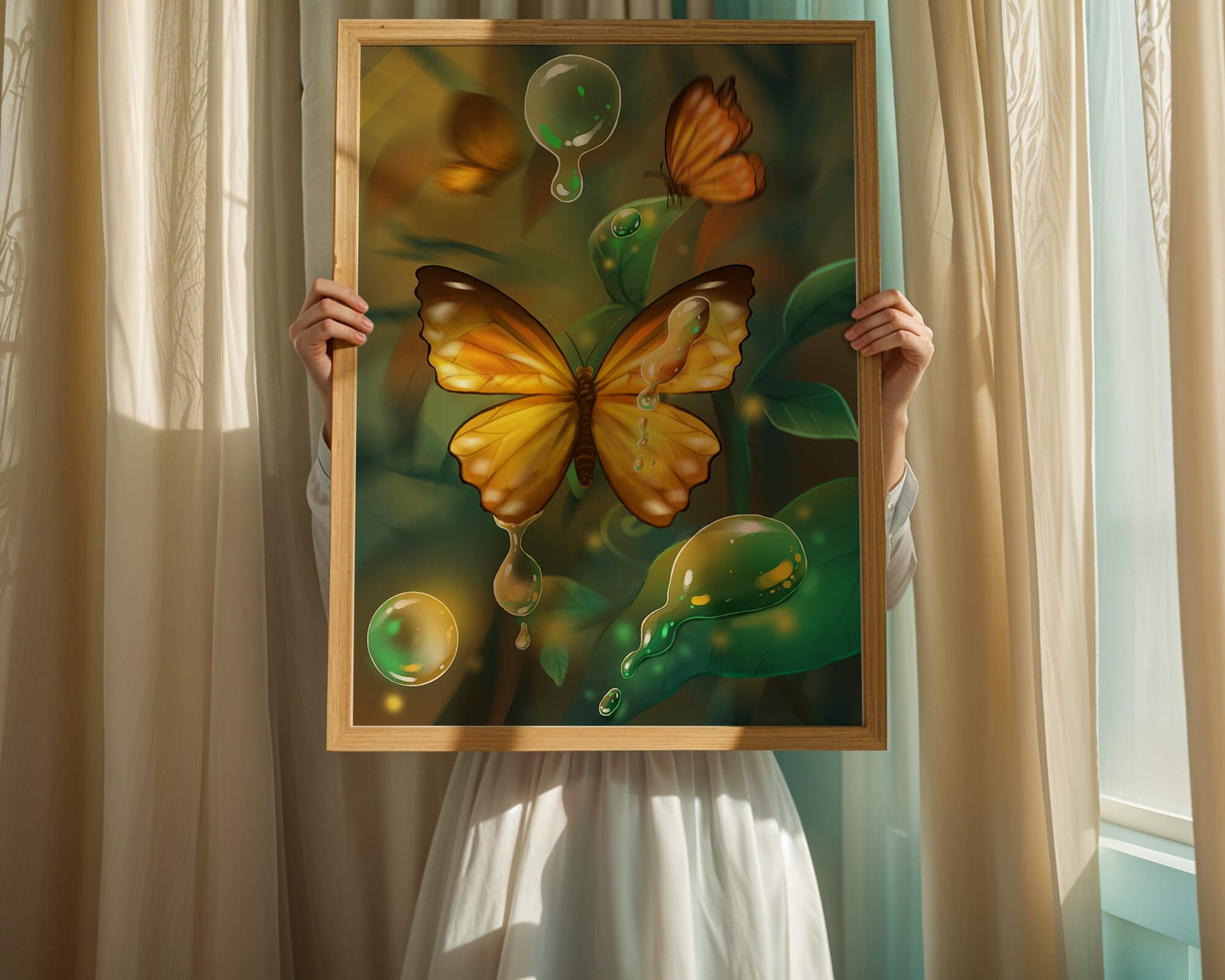 Butterflies Among Dewdrops in a Serene Forest Setting