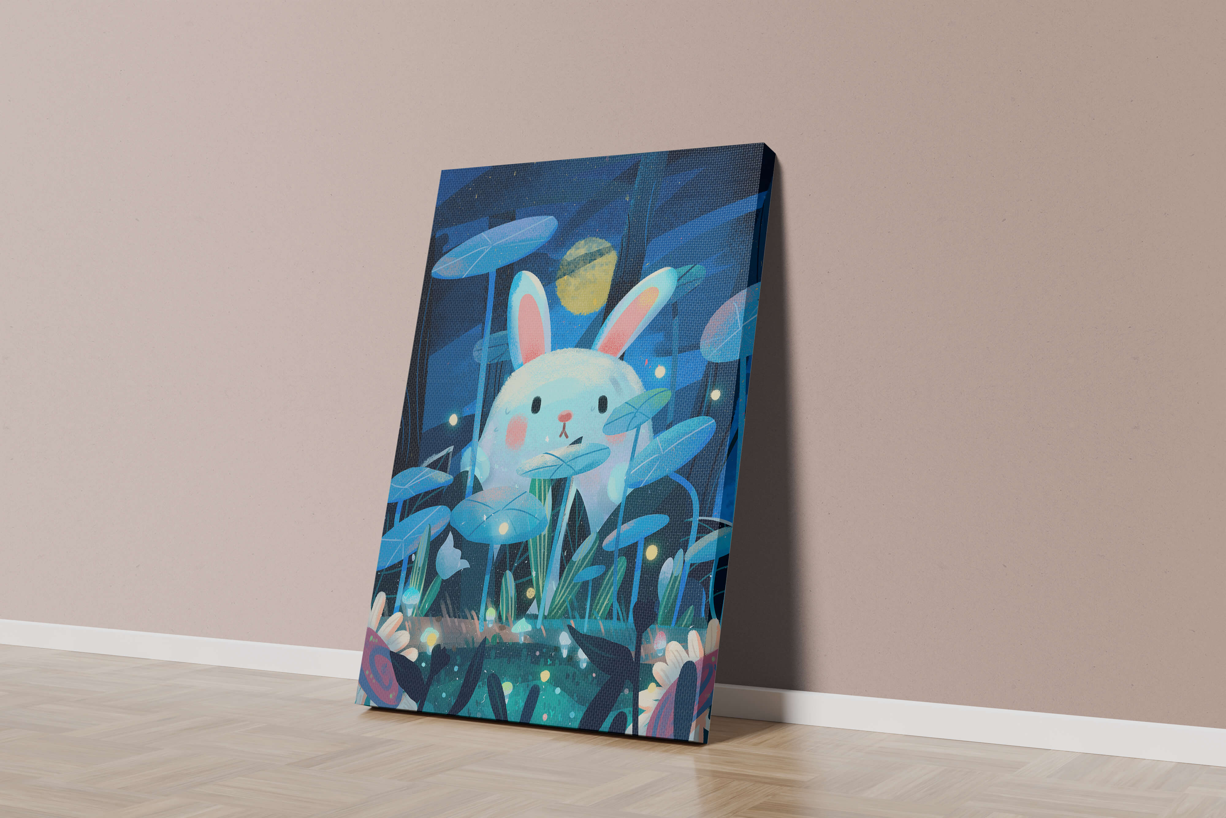 Cute rabbit in a dreamy moonlit forest
