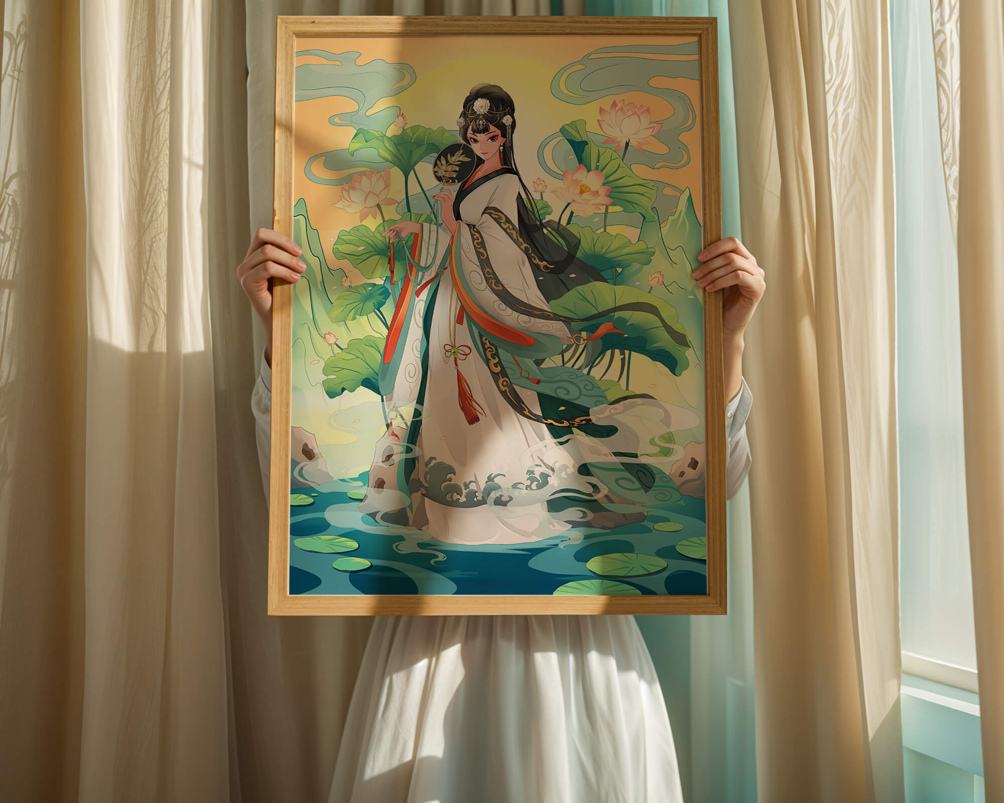 Elegant woman in traditional attire with lotus flowers and serene backdrop