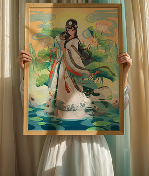 Femme élégante en tenue traditionnelle avec des fleurs de lotus et un décor serein