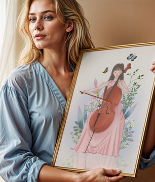 Girl Playing Cello Surrounded by Nature with Butterflies - Mi tienda