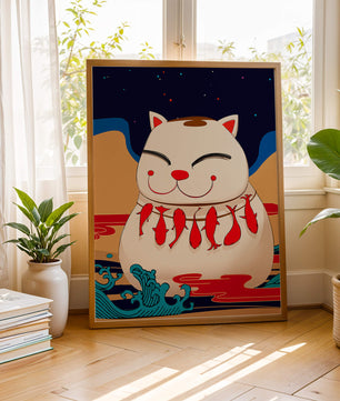 Japanese Lucky Cat with Fish Design in a Surreal Landscape