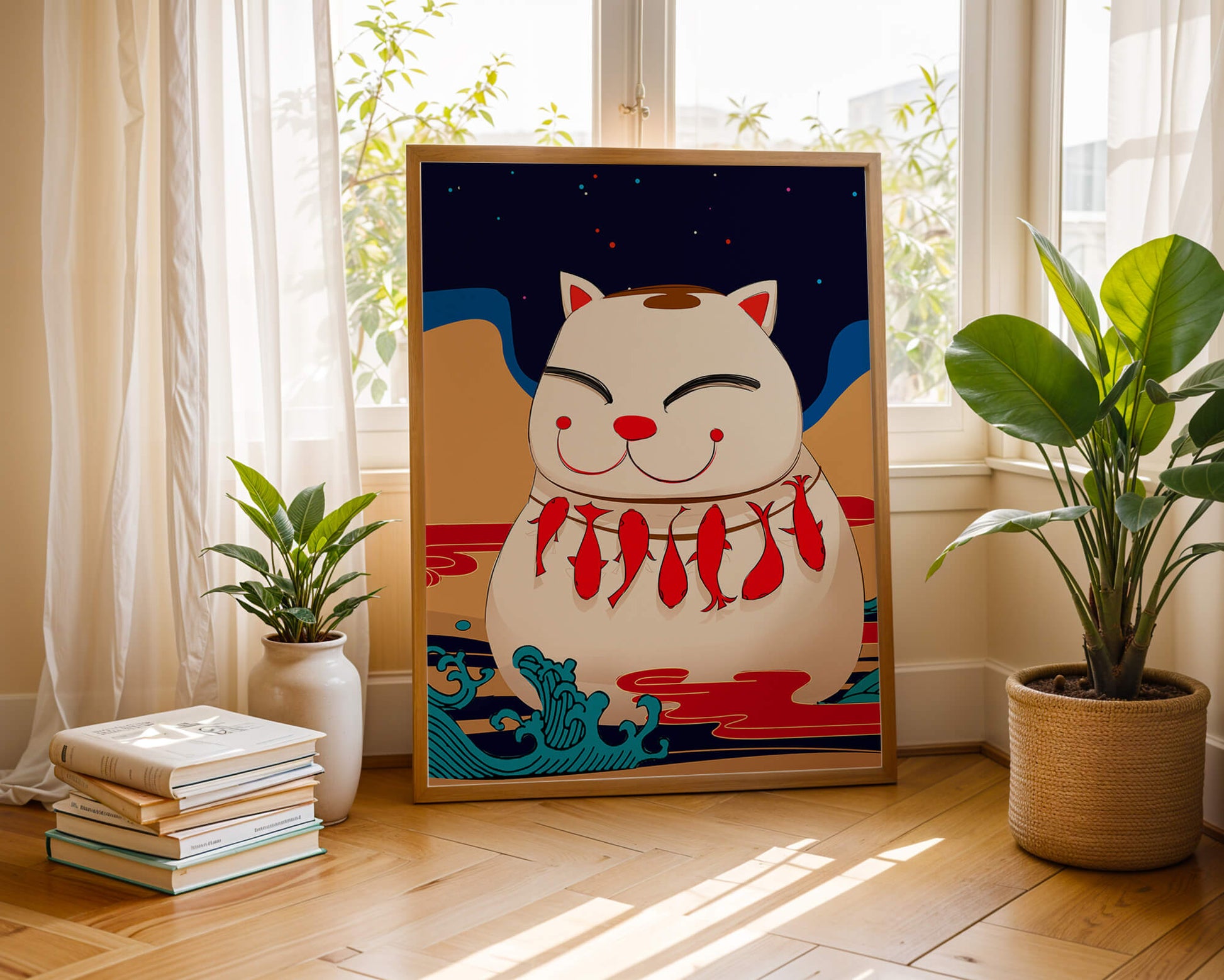 Japanese Lucky Cat with Fish Design in a Surreal Landscape