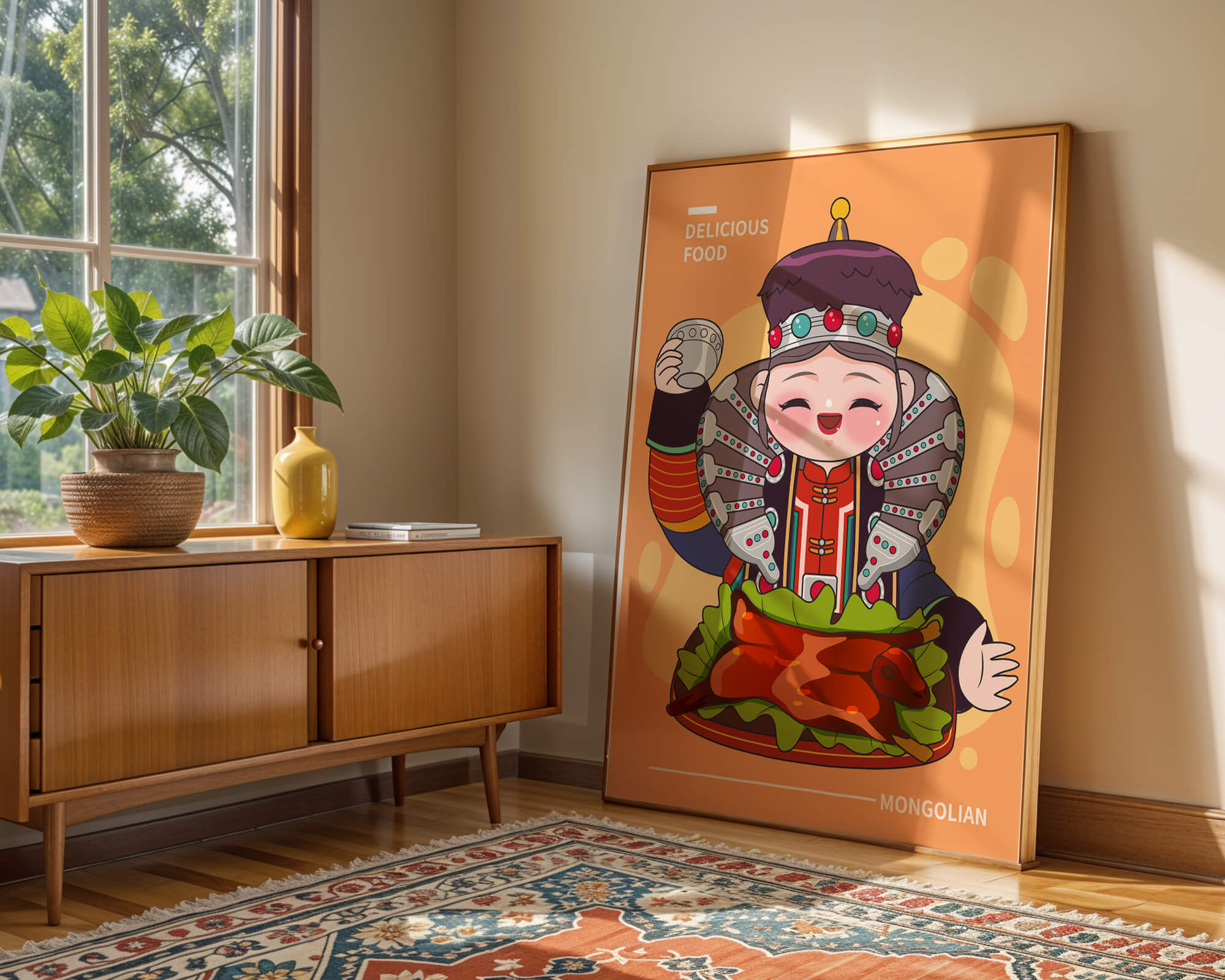 Cartoon character in traditional Mongolian attire with food