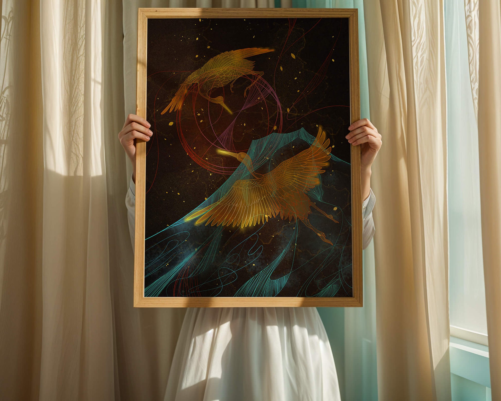 Elegant Cranes in Cosmic Dance with Golden and Blue Accents