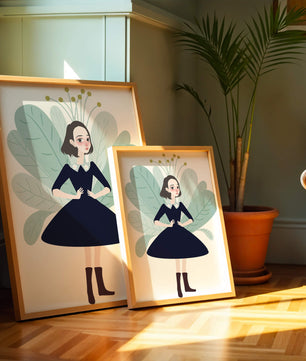 Ilustración de una chica caprichosa con hojas y elementos florales