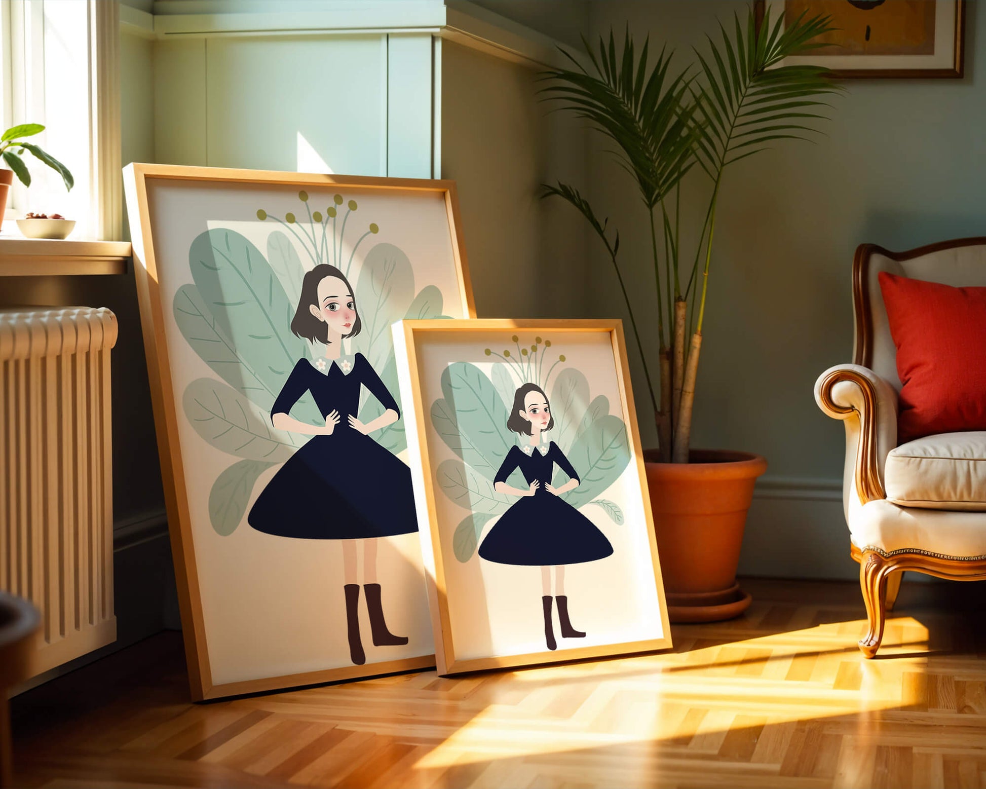 Illustration of a whimsical girl with leaves and floral elements