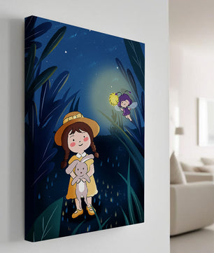 Ilustración de una chica en un bosque con una luciérnaga mágica por la noche