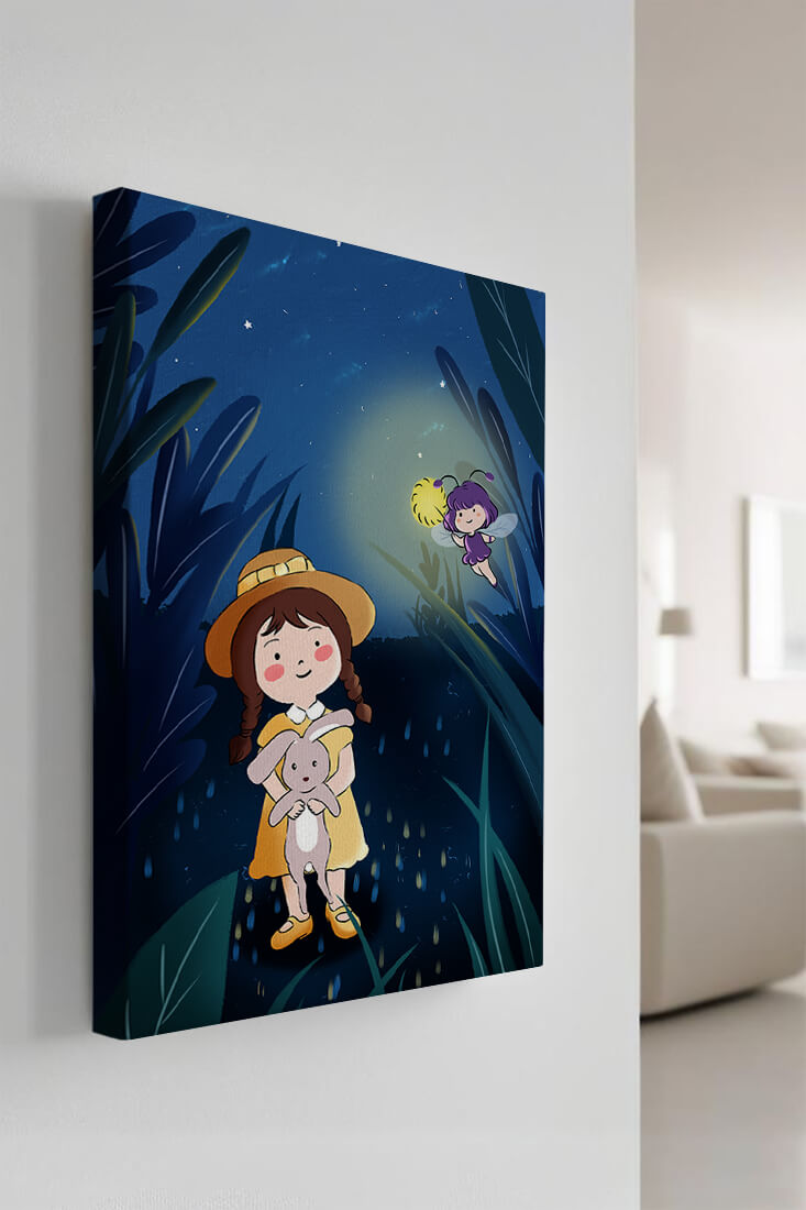Ilustración de una chica en un bosque con una luciérnaga mágica por la noche